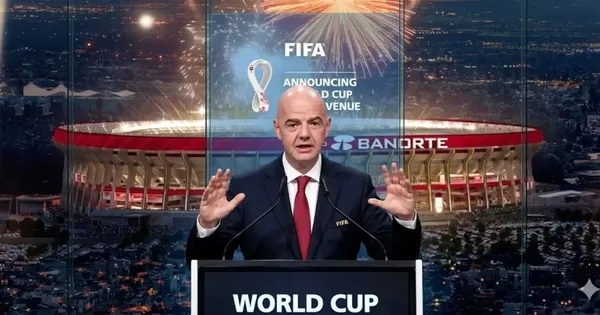Ilustración digital de Gianni Infantino en el Estadio Banorte