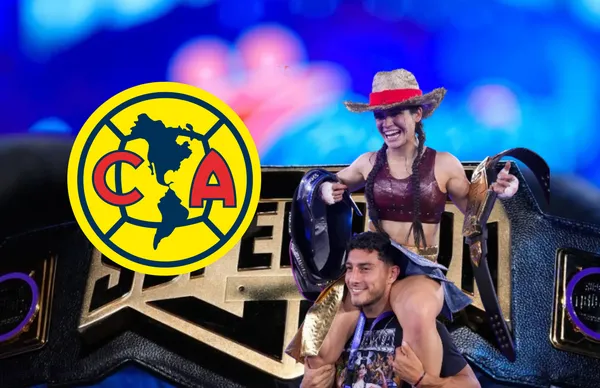 Alana Flores, Sebastián Cáceres y escudo del América/Foto GQ México.