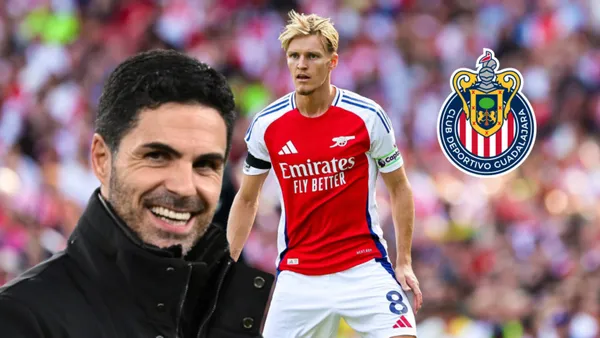 Arteta y Martin Odeergard, logo de Chivas (FUENTE: El Futbolero)