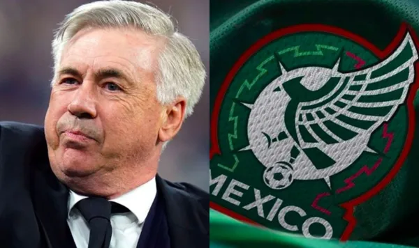 Carlo Ancelotti digiriendo al Real Madrid y el escudo de México / El Futbolero