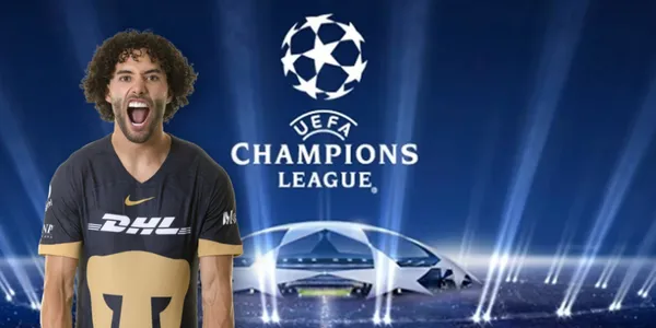 César Huerta junto al logo de la UEFA Champions League / FOTO Pumas Oficial