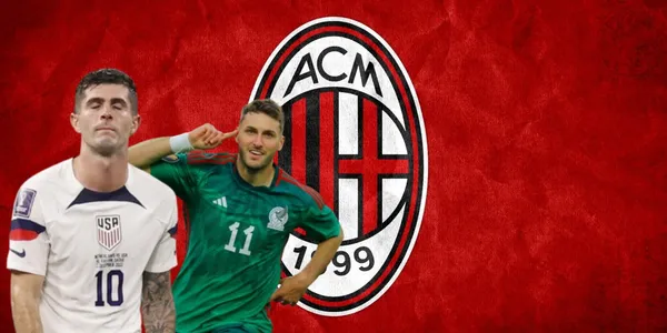 Christian Pulisic y Santiago Giménez junto al escudo del AC Milán / FOTO Milenio