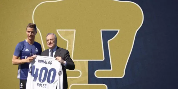 Cristiano Ronaldo y Florentino Pérez junto al escudo de Pumas / FOTO TUDN