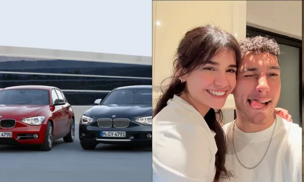 Dos vehículos estacionados, a la derecha, Flores y Cáceres en un live (Fuente: BMW y Tik Tok Alana Flores)