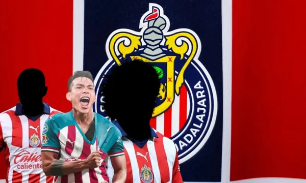 Escudo de Chivas en el fondo y tres deportistas al frente / Somos Chivas