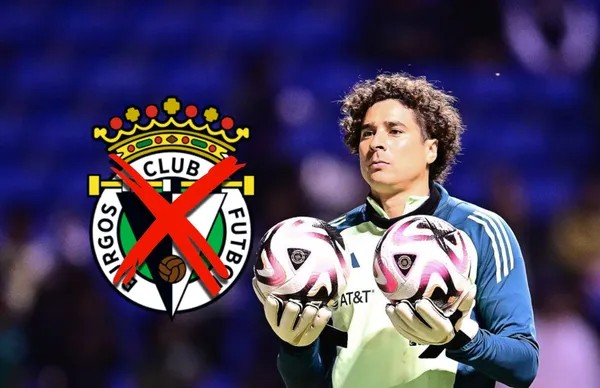 Guillermo Ochoa y escudo de CF Burgos con cruz en medio/ Foto MexSport.