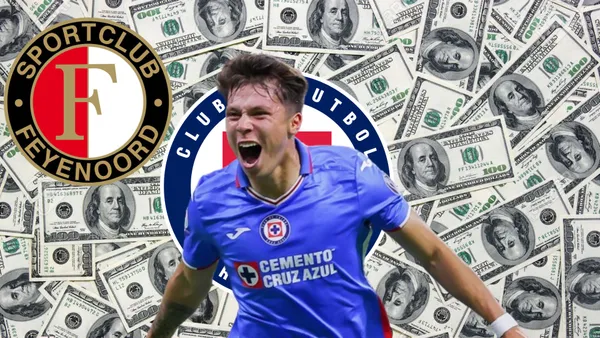 Huescas celebrando gol, junto a los escudos de Cruz Azul y Feyenoord