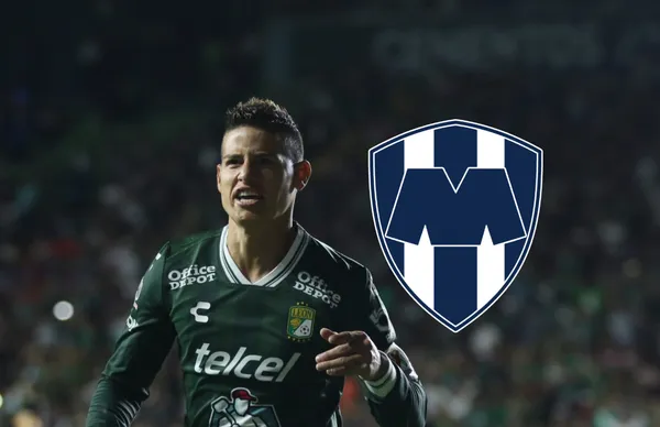 James Rodríguez y escudo de Rayados/Foto Gerardo García.