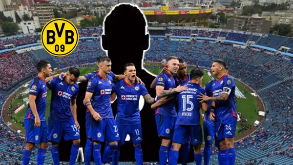 Jugadores de Cruz Azul celebrando, logo de Borussia Dortmund