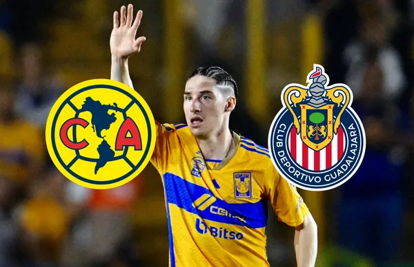 Marcelo Flores y escudos de América y Chivas/Foto Tigres.