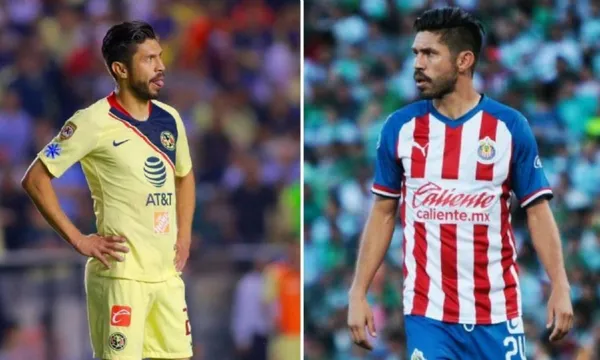Oribe Peralta saca la lengua con la playera de Chivas, en la otra postal, con rostro serio / Tribuna
