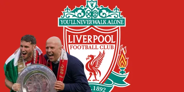 Santiago Giménez y Arne Slot junto al escudo del Liverpool