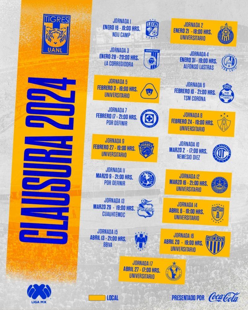 Calendario Tigres Clausura 2024, fechas, horarios y sedes