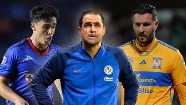 André Jardine, entrenador del América, mientras dirige un partido de Liga MX / Fondo de los jugadores de Cruz Azul y Tigres