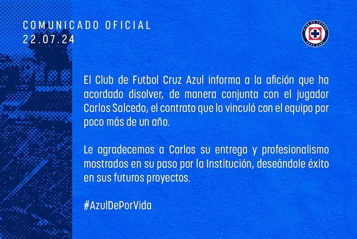 Mensaje de Cruz Azul por la salida de Carlos Salcedo / Foto: CF Cruz Azul