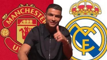 Cristiano Ronaldo y al fondo el logo del Manchester United y Real Mdrid (Foto: Captura de video)