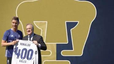 Cristiano Ronaldo y Florentino Pérez junto al escudo de Pumas / FOTO TUDN