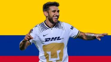 Eduardo Salvio con Pumas y al fondo la bandera de Colombia / Foto Imago7