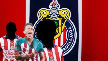 Escudo de Chivas en el fondo y tres deportistas al frente / Somos Chivas 