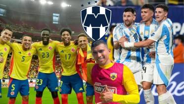 Escudo de Monterrey y Orbelin con jugadores de Colombia y Argentina