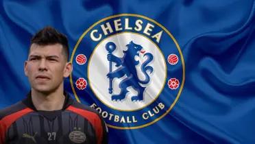 Hirving Lozano junto al escudo del Chelsea / FOTO X