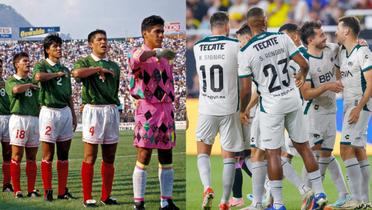 Jugadores mexicanos cantan himno a la izquierda, a la derecha festejo gol frente a la MLS (fuente: Liga MX e Historia del Fútbol Mexicano) 