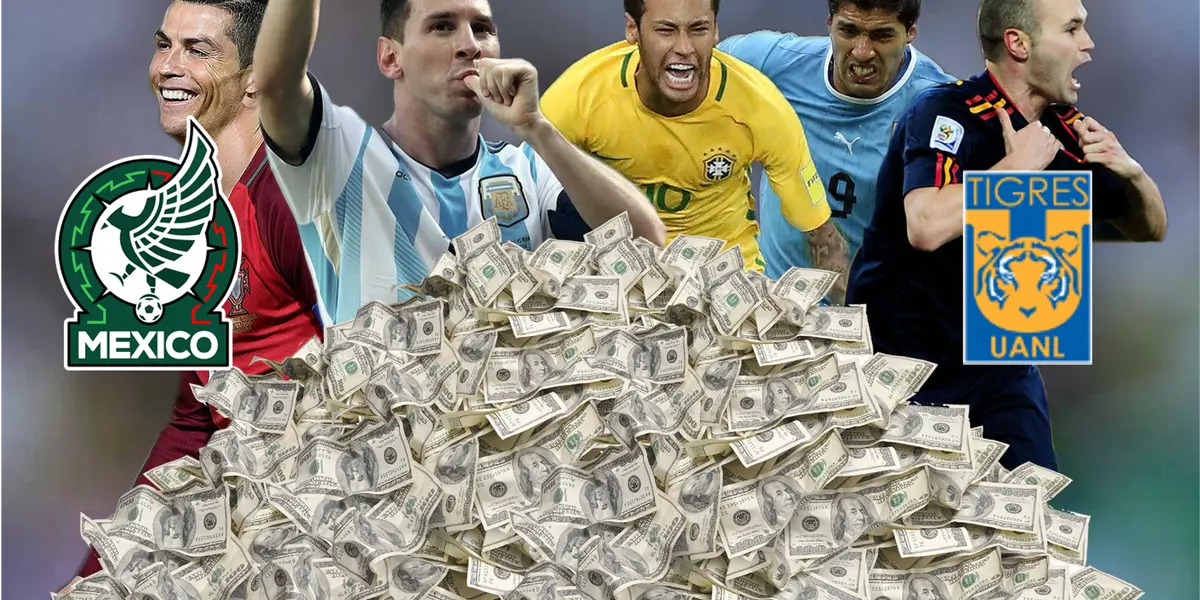 Mejores jugadores del mundo, abajo de ellos dinero, a la izquierda escudo de la FMF y a la derecha escudo de Tigres / Infobae