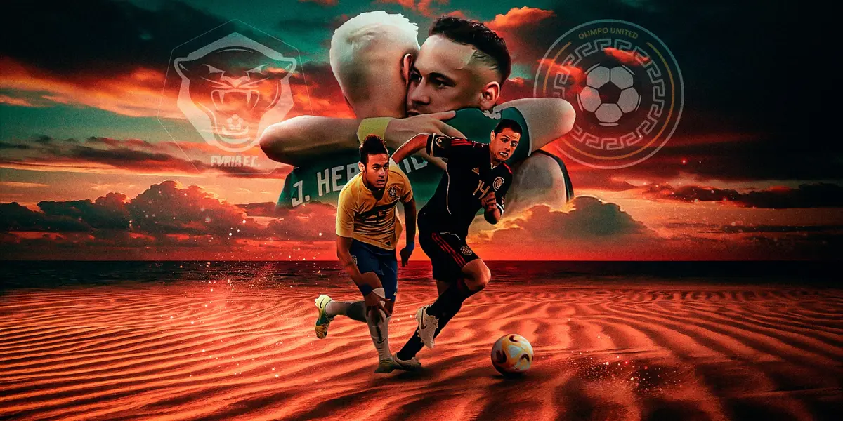 Neymar y Chicharito Hernández en la disputa de un balón