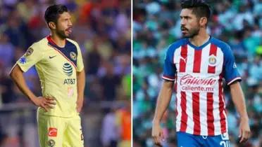 Oribe Peralta saca la lengua con la playera de Chivas, en la otra postal, con rostro serio / Tribuna