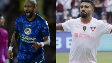 Rodrigo Aguirre festeja gol con el Club América, a la derecha, lo festeja con LDU  (Fuente Fox y el Comercio) 