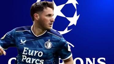 Santiago Giménez y al fondo el logo de la Champions League (Foto: GettyImages)