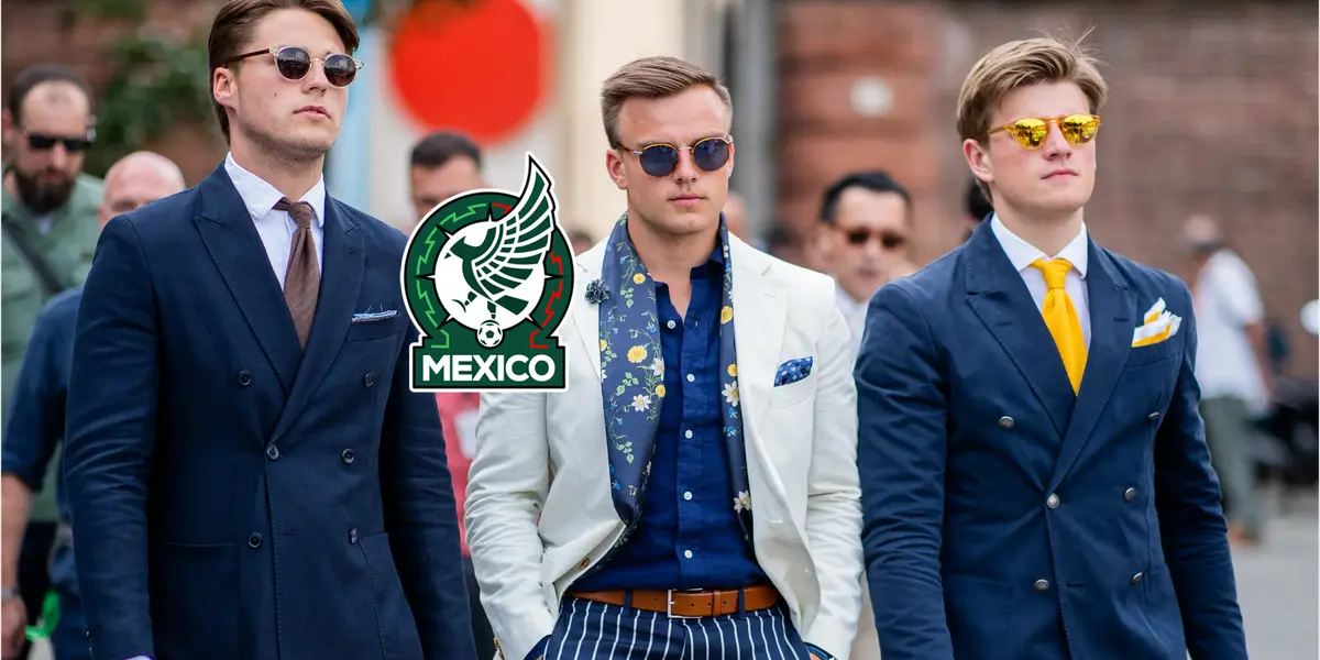 Tres hombres vestidos de manera elegante con el escudo de la selección de México