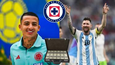 Castaño vs Messi y escudo de Cruz Azul