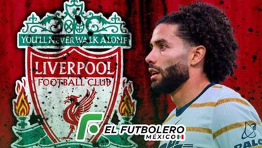 César Huerta con Pumas y escudo de Liverpool | Foto: Fox Sports