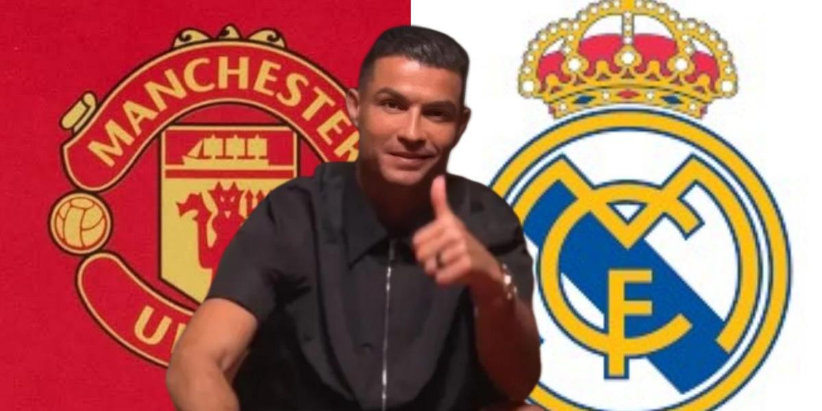 Cristiano Ronaldo y al fondo el logo del Manchester United y Real Mdrid (Foto: Captura de video)