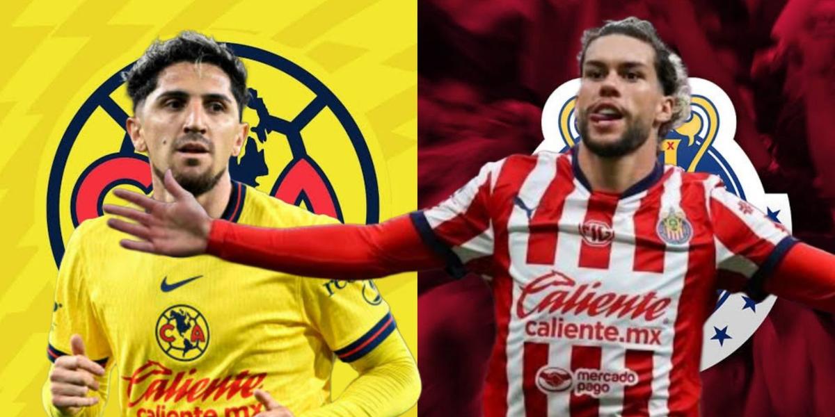 Diego Valdés y Cade Cowell y al fondo el escudo del Club América y Chivas (Foto: Imago7)