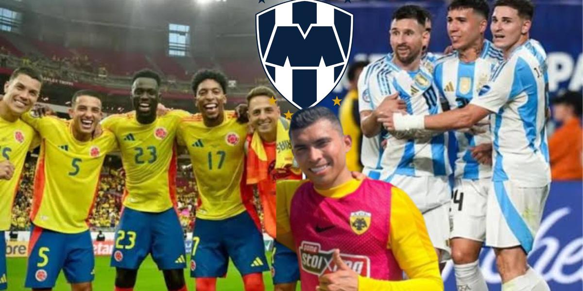 Escudo de Monterrey y Orbelin con jugadores de Colombia y Argentina