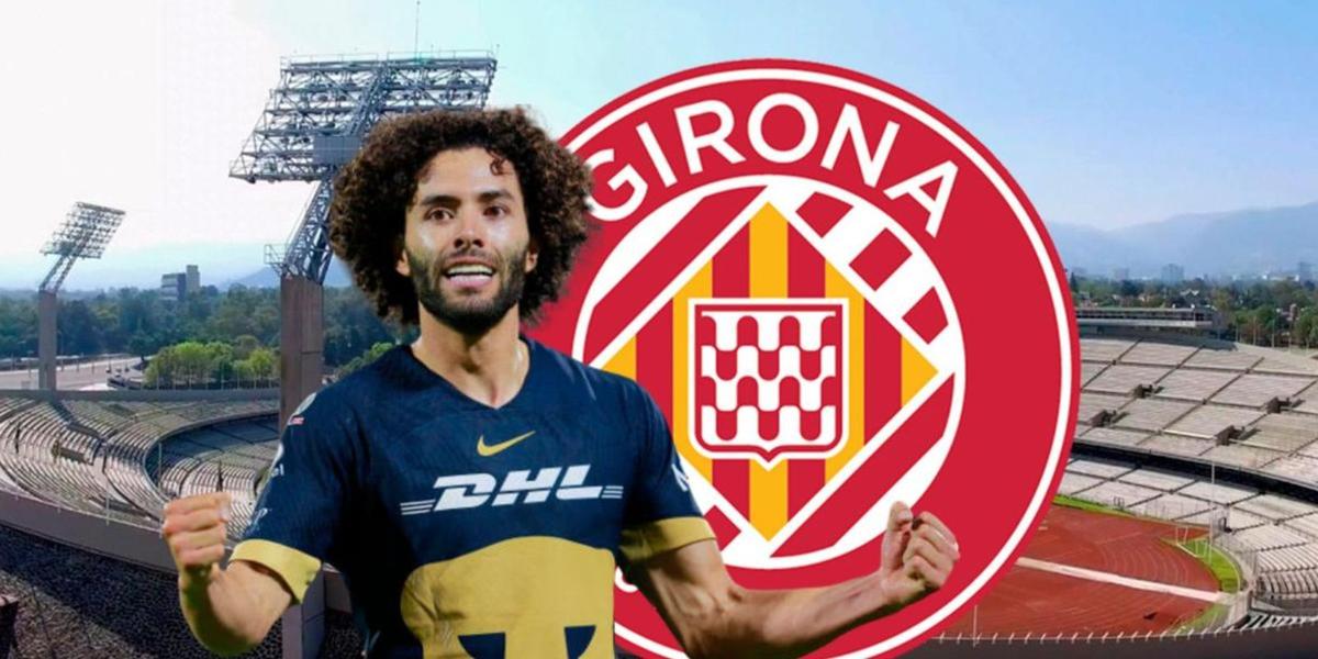 Huerta en CU y el escudo del Girona (Foto: Especial)