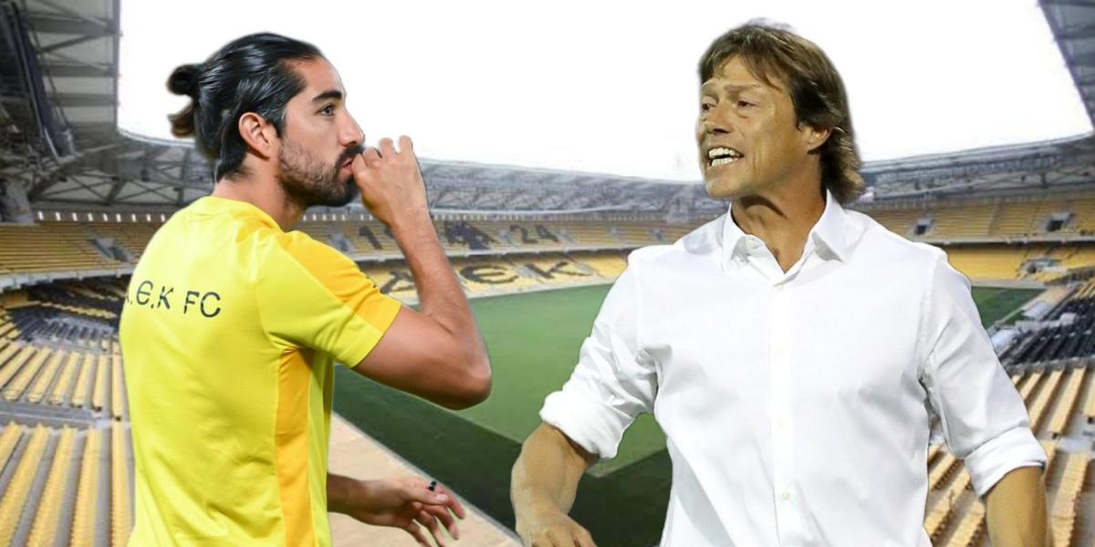 Rodolfo Pizarro, Matías Almeyda y al fondo el estadio del AEK de Atenas (Foto: EFE)