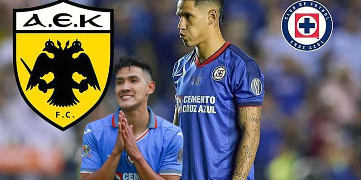 Uriel Antuna con el escudo del AEK y del Cruz Azul